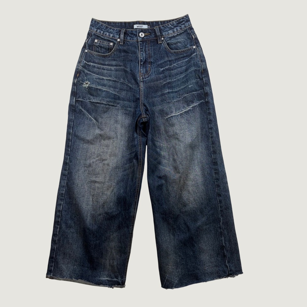 Baggy Wide Leg Jeans Womens High Rise Raw Hem XXS Dark Wash Indigo Y2K Grunge